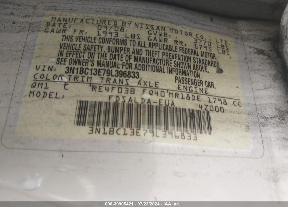 2009 NISSAN VERSA 1.8S VIN: 3N1BC13E79L396833