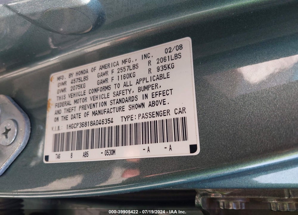 2008 HONDA ACCORD 3.5 EX-L VIN: 1HGCP36818A046354