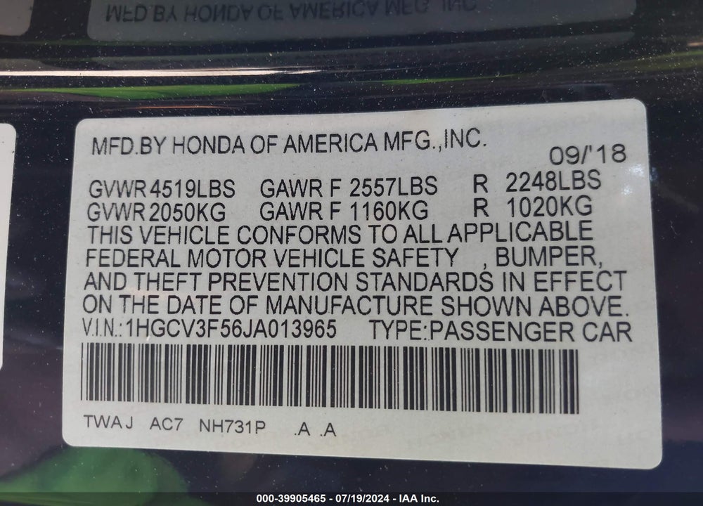 2018 HONDA ACCORD HYBRID EX-L VIN: 1HGCV3F56JA013965