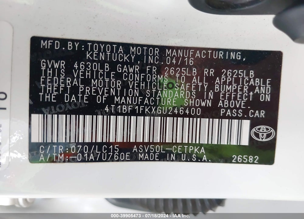 2016 TOYOTA CAMRY XSE VIN: 4T1BF1FKXGU246400