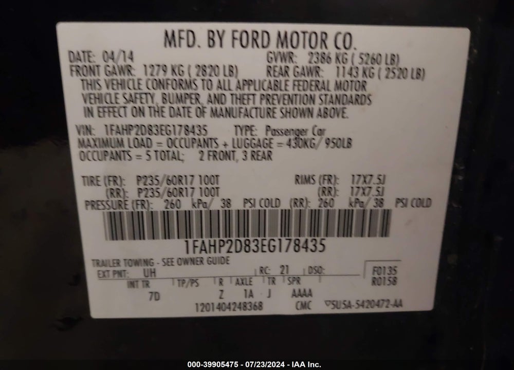 2014 FORD TAURUS SE VIN: 1FAHP2D83EG178435