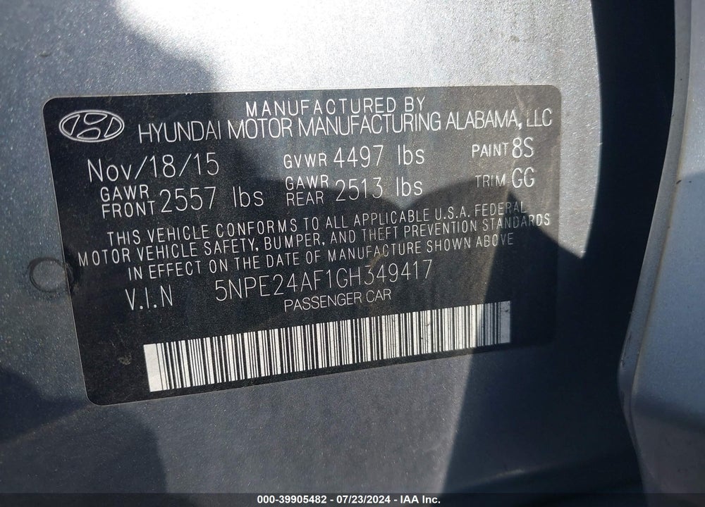 2016 HYUNDAI SONATA SE VIN: 5NPE24AF1GH349417