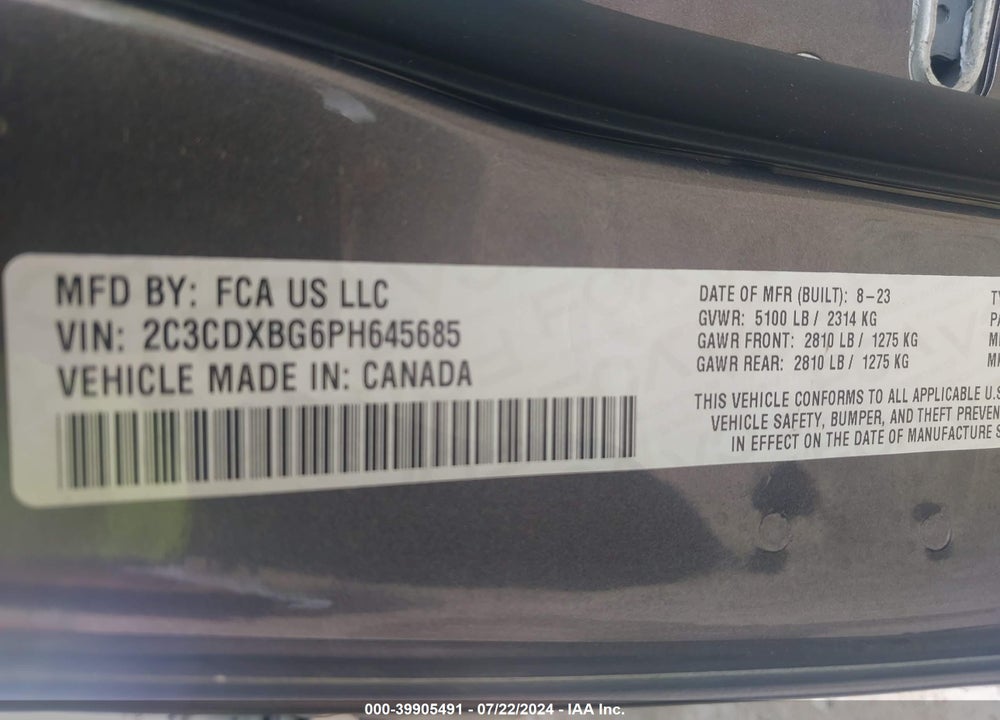 2023 DODGE CHARGER SXT VIN: 2C3CDXBG6PH645685