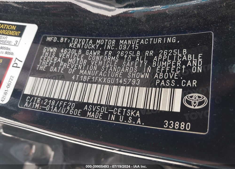 2016 TOYOTA CAMRY SE VIN: 4T1BF1FKXGU145793