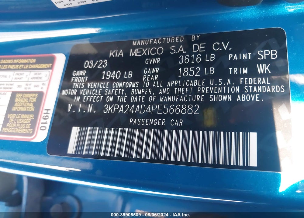 2023 KIA RIO S VIN: 3KPA24AD4PE566882