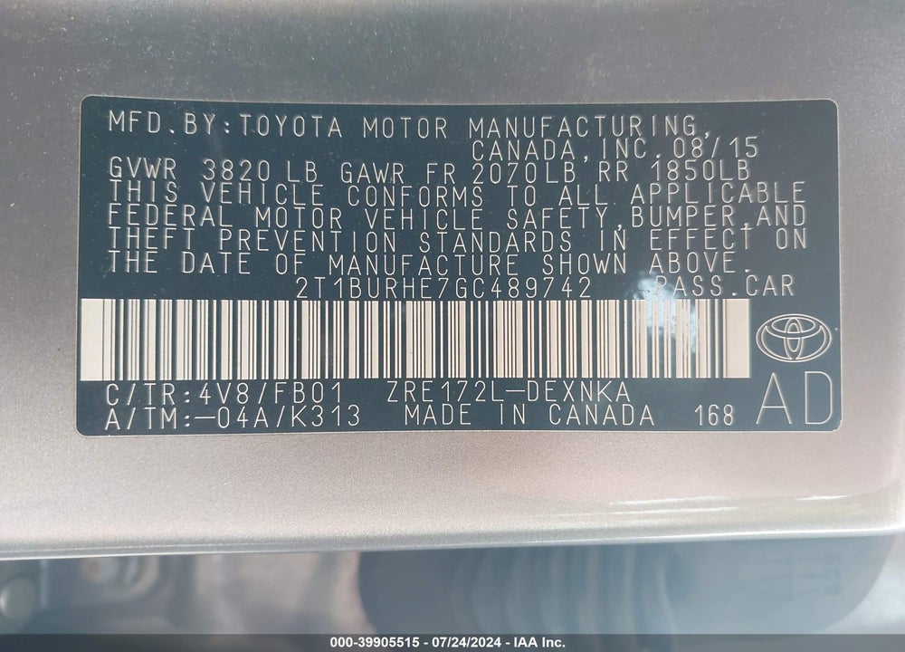 2016 TOYOTA COROLLA LE VIN: 2T1BURHE7GC489742