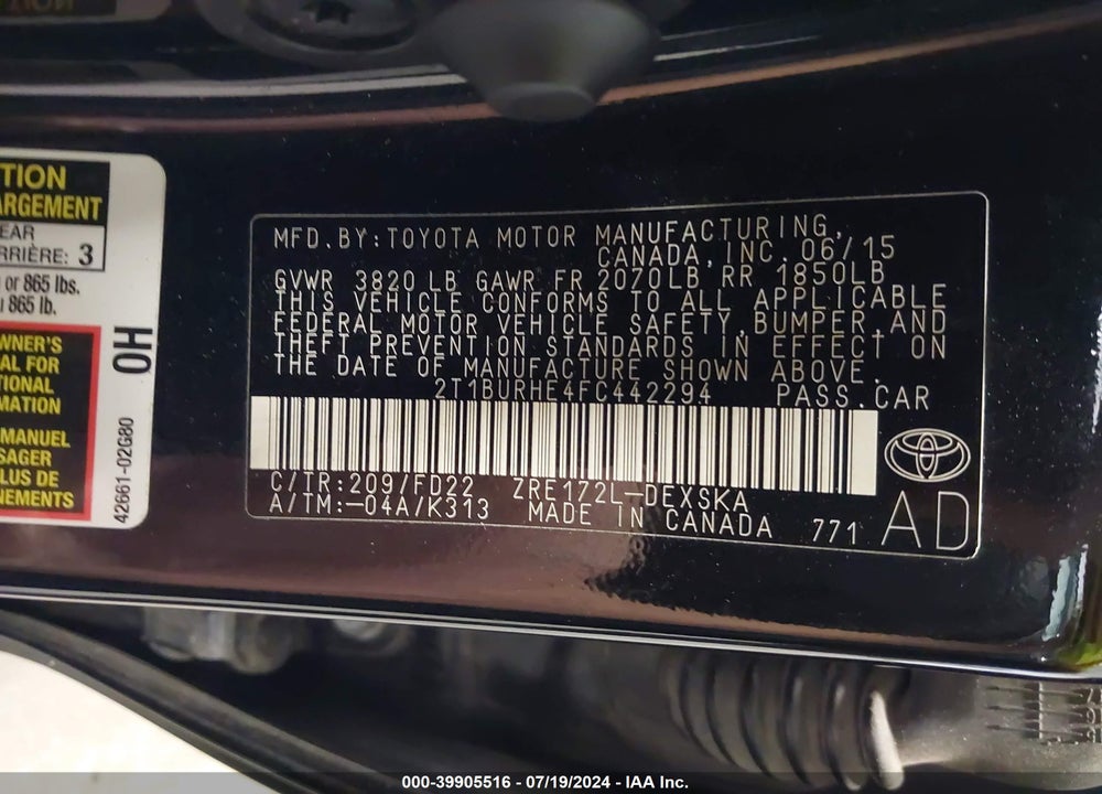 2015 TOYOTA COROLLA S PLUS VIN: 2T1BURHE4FC442294