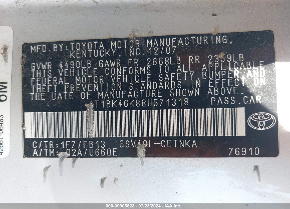 2008 TOYOTA CAMRY LE V6 VIN: 4T1BK46K88U571318