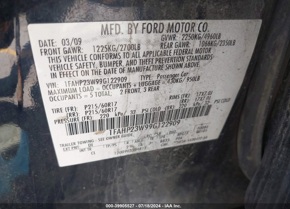 2009 FORD TAURUS SE VIN: 1FAHP23W99G122909