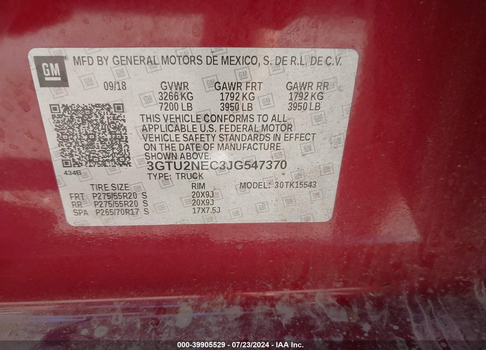 2018 GMC SIERRA 1500 SLT VIN: 3GTU2NEC3JG547370