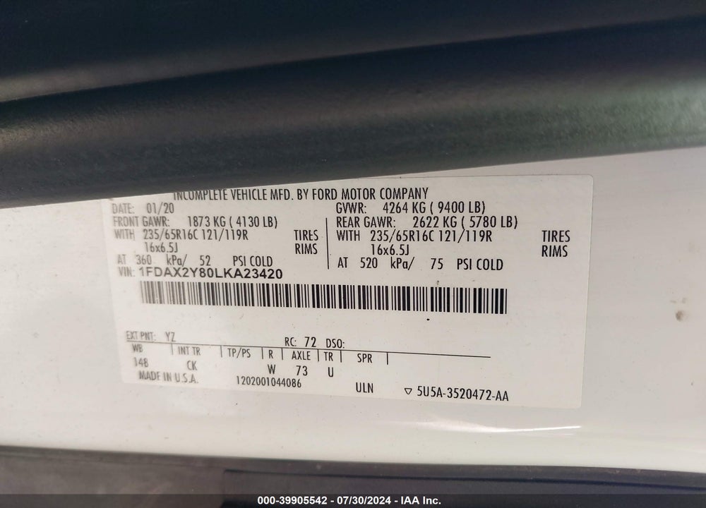 2020 FORD TRANSIT-350 PASSENGER VAN XLT VIN: 1FDAX2Y80LKA23420