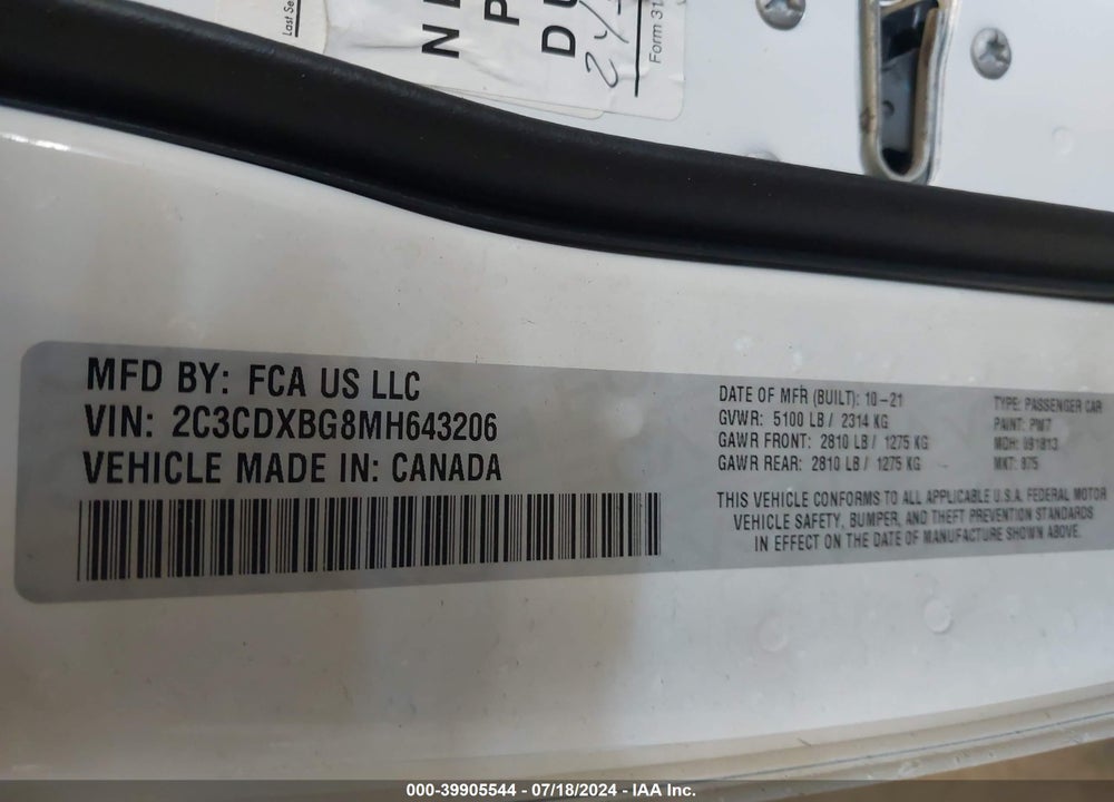 2021 DODGE CHARGER SXT RWD VIN: 2C3CDXBG8MH643206