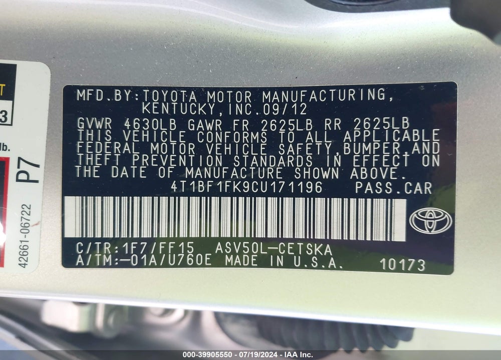 2012 TOYOTA CAMRY SE VIN: 4T1BF1FK9CU171196