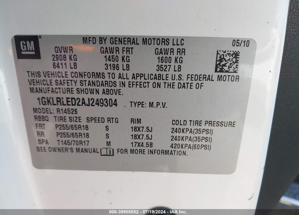 2010 GMC ACADIA SLE VIN: 1GKLRLED2AJ249304