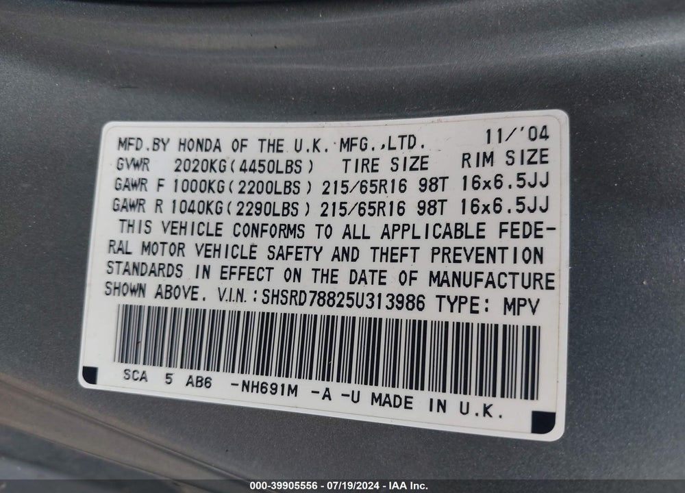 2005 HONDA CR-V VIN: SHSRD78825U313986