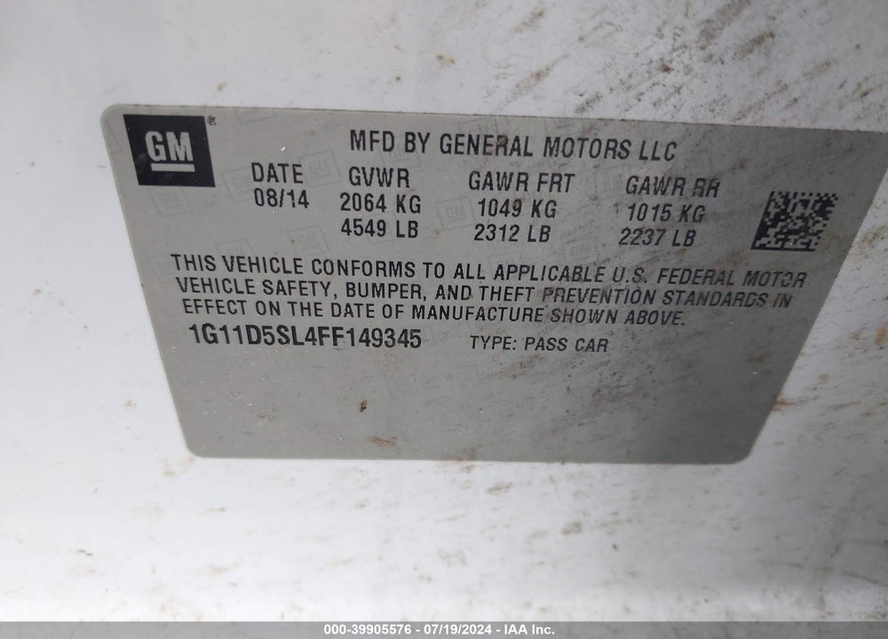 2015 CHEVROLET MALIBU 2LT VIN: 1G11D5SL4FF149345