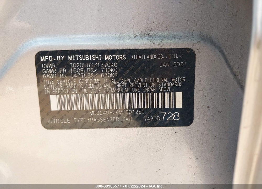 2021 MITSUBISHI MIRAGE CARBONITE EDITION/ES/LE VIN: ML32AUHJ4MH004251