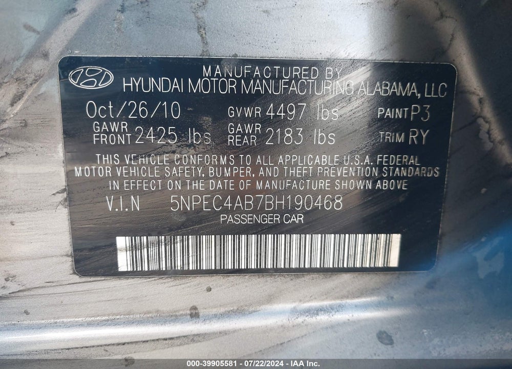 2011 HYUNDAI SONATA LIMITED 2.0T VIN: 5NPEC4AB7BH190468