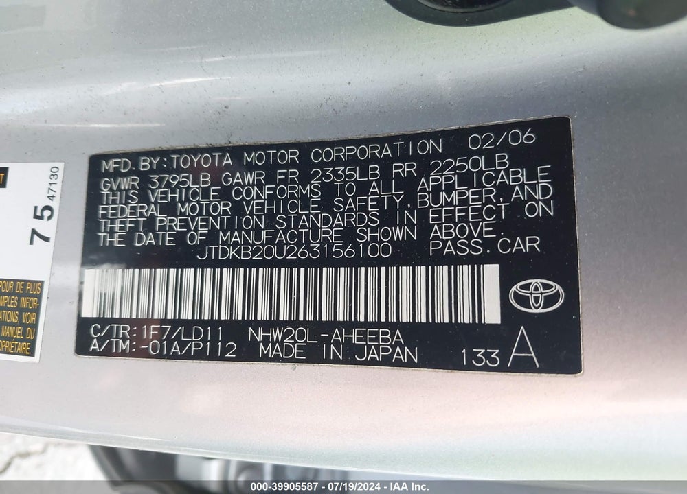 2006 TOYOTA PRIUS VIN: JTDKB20U263156100