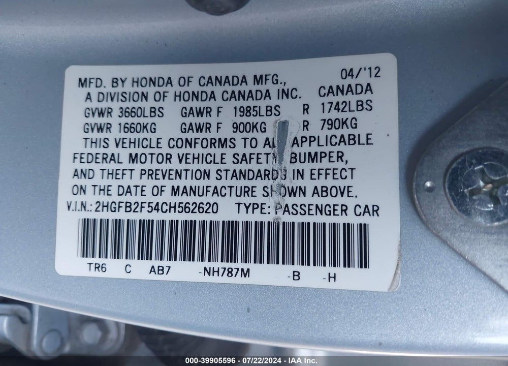 2012 HONDA CIVIC LX VIN: 2HGFB2F54CH562620