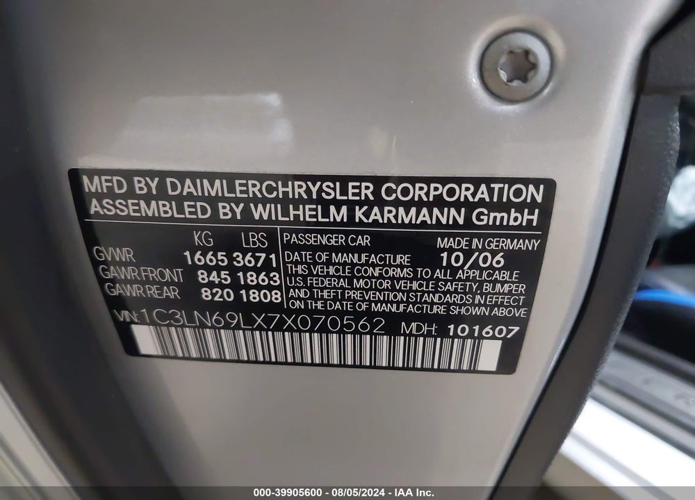 2007 CHRYSLER CROSSFIRE LIMITED VIN: 1C3LN69LX7X070562