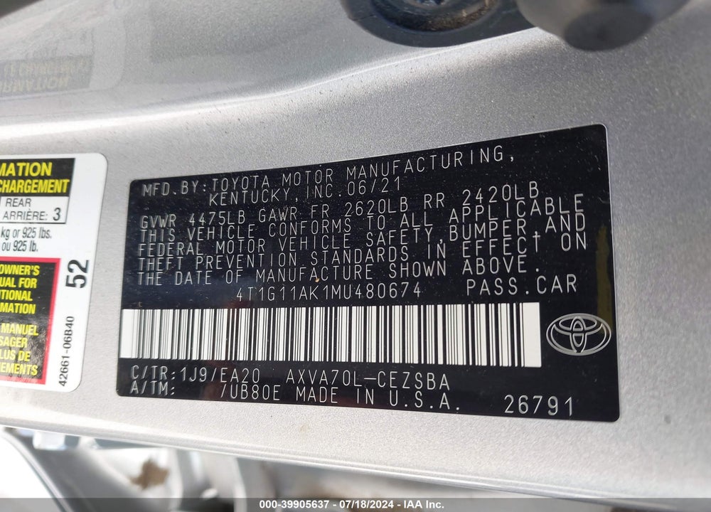 2021 TOYOTA CAMRY SE VIN: 4T1G11AK1MU480674