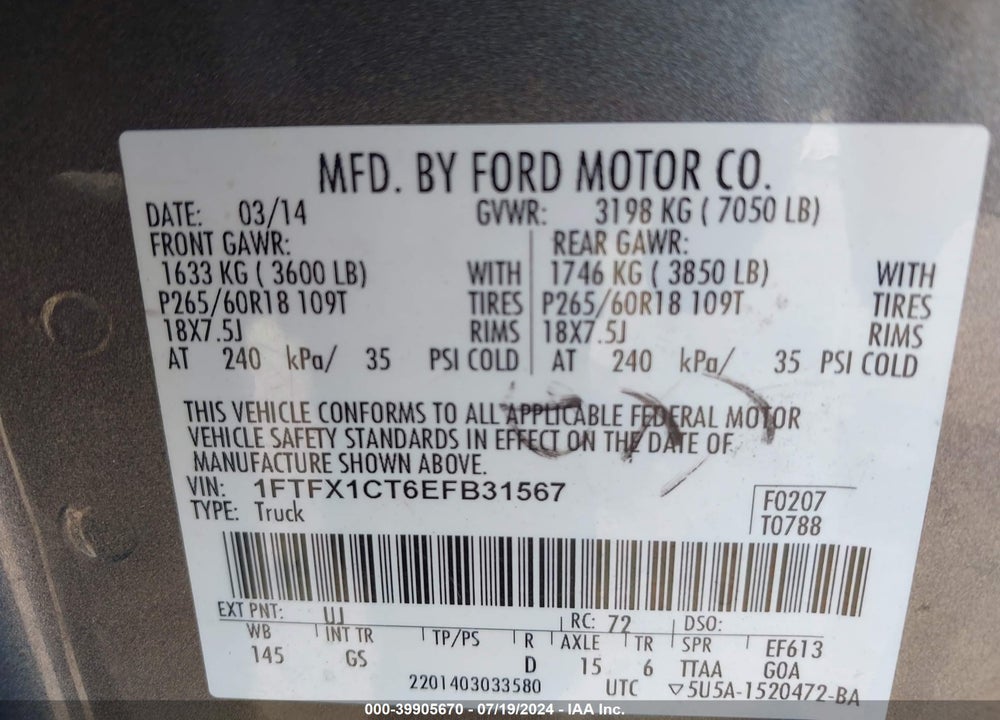 2014 FORD F-150 XLT VIN: 1FTFX1CT6EFB31567