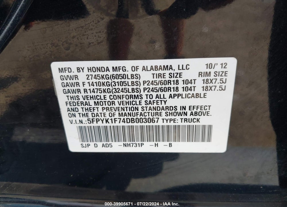 2013 HONDA RIDGELINE SPORT VIN: 5FPYK1F74DB003067