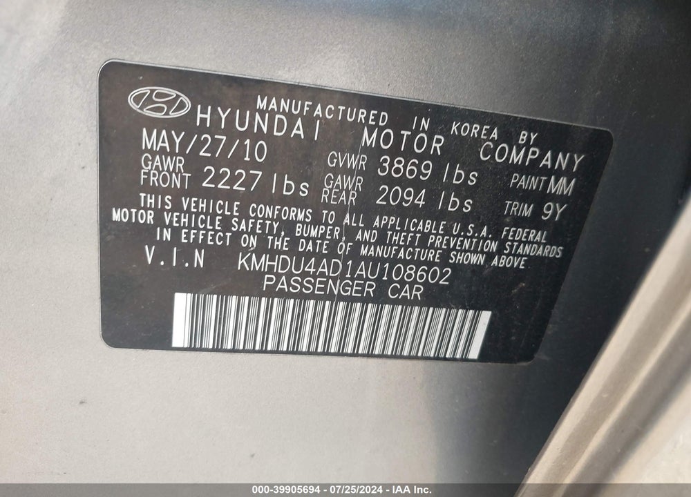 2010 HYUNDAI ELANTRA SE VIN: KMHDU4AD1AU108602