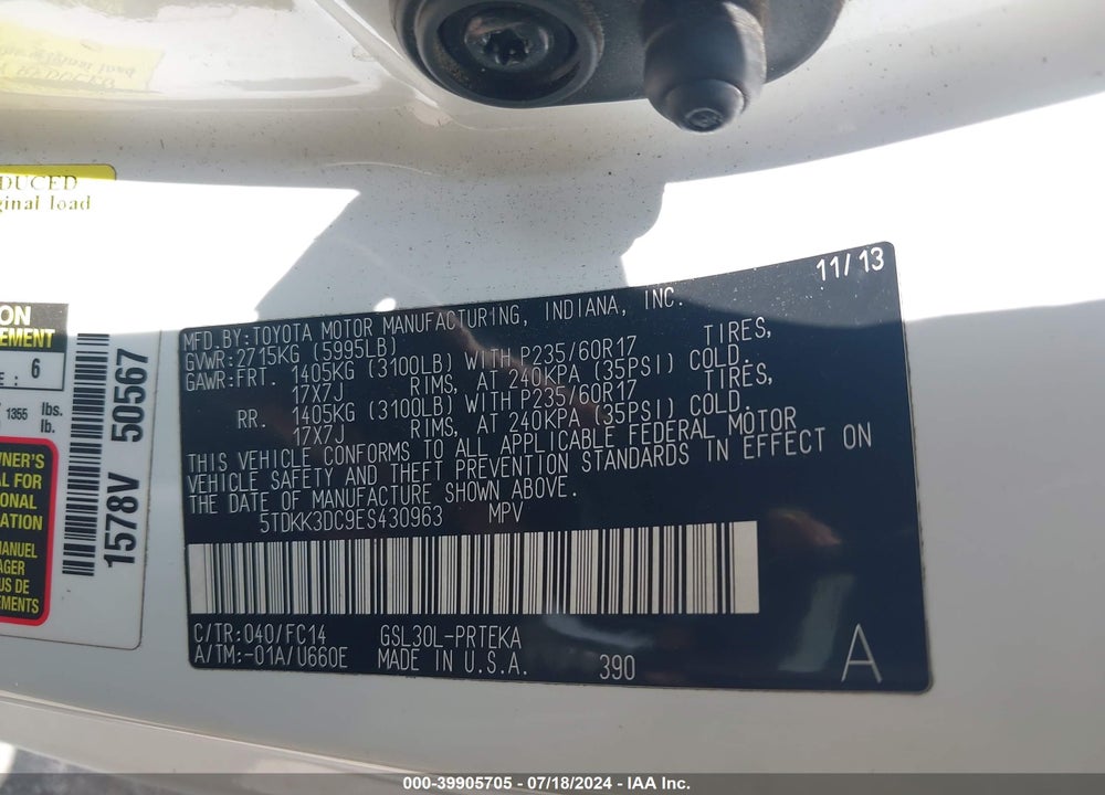 2014 TOYOTA SIENNA LE V6 8 PASSENGER VIN: 5TDKK3DC9ES430963