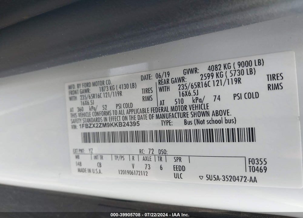 2019 FORD TRANSIT-350 XLT VIN: 1FBZX2ZM9KKB24395