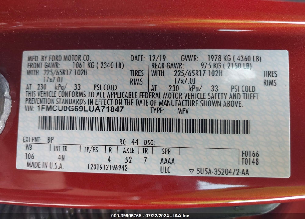 2020 FORD ESCAPE SE VIN: 1FMCU0G69LUA71847
