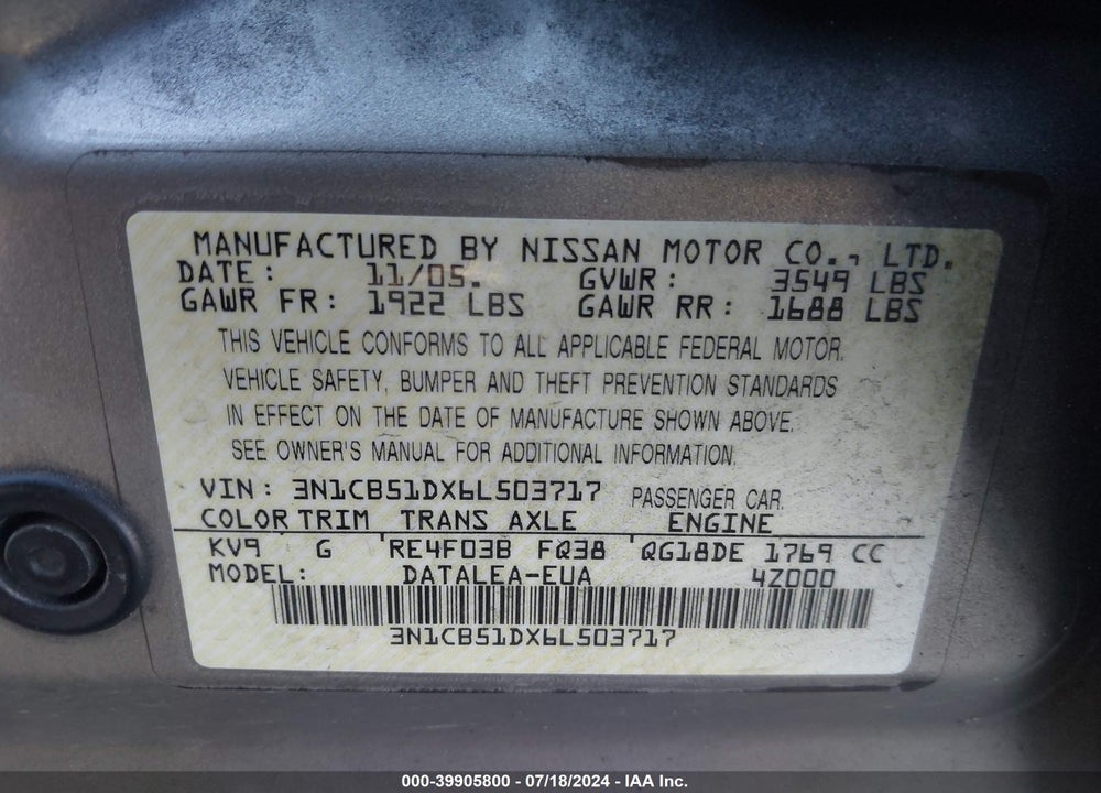 2006 NISSAN SENTRA 1.8S VIN: 3N1CB51DX6L503717