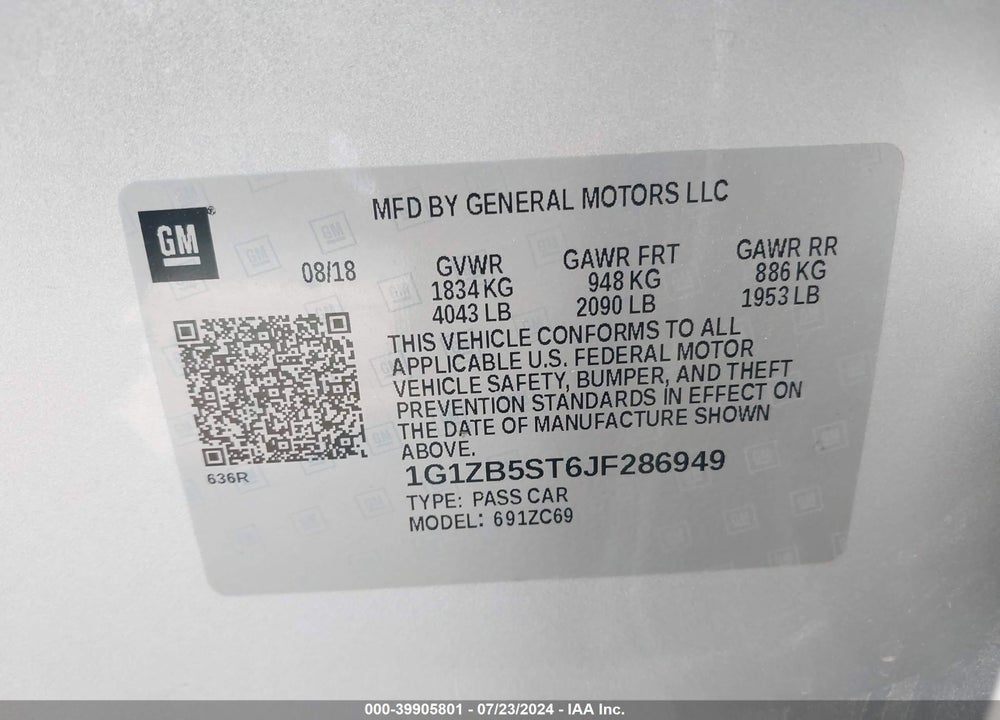 2018 CHEVROLET MALIBU 1LS VIN: 1G1ZB5ST6JF286949