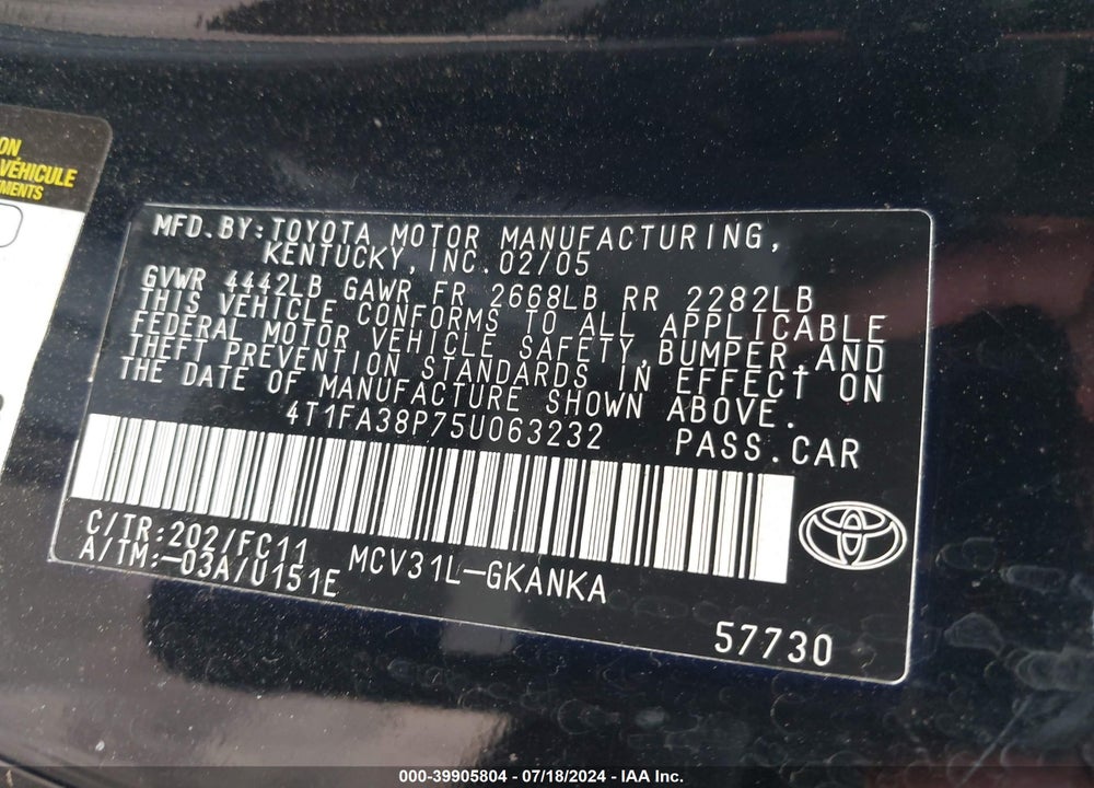 2005 TOYOTA CAMRY SOLARA SE VIN: 4T1FA38P75U063232