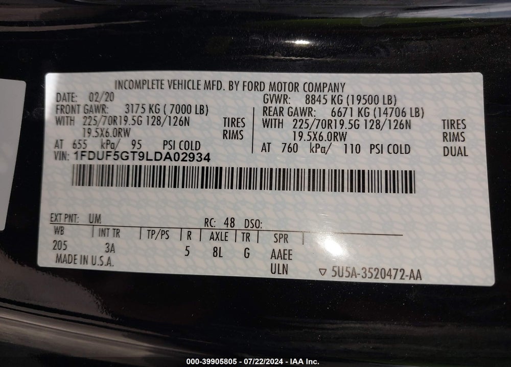 2020 FORD F-550 CHASSIS XLT VIN: 1FDUF5GT9LDA02934