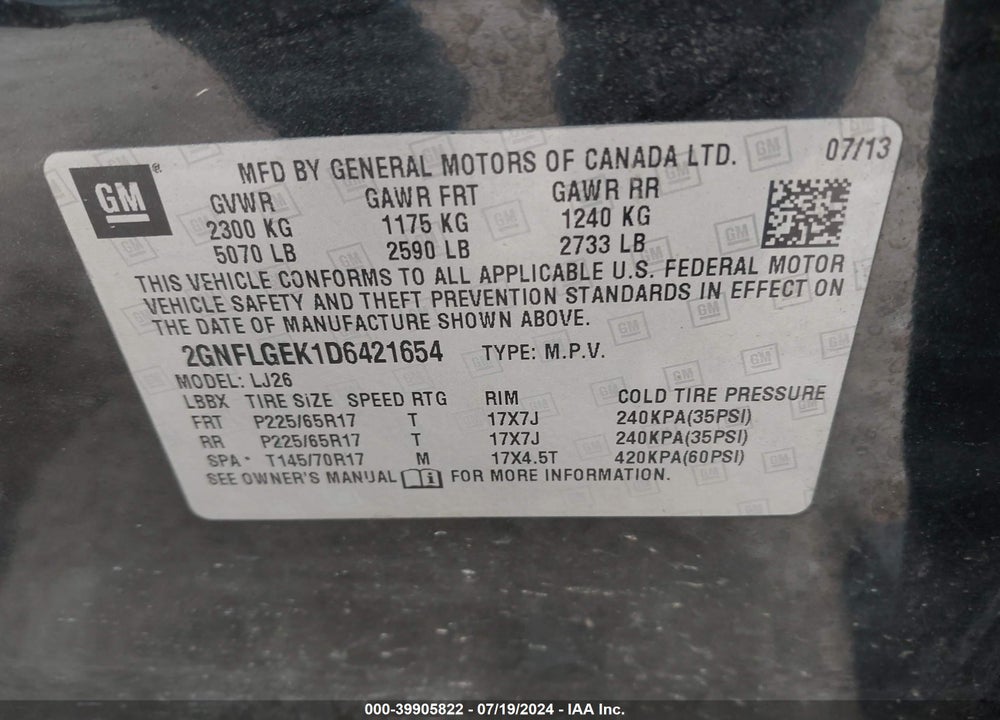 2013 CHEVROLET EQUINOX LTZ VIN: 2GNFLGEK1D6421654