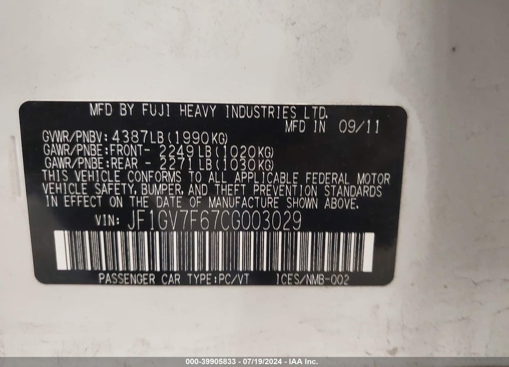 2012 SUBARU IMPREZA WRX PREMIUM VIN: JF1GV7F67CG003029