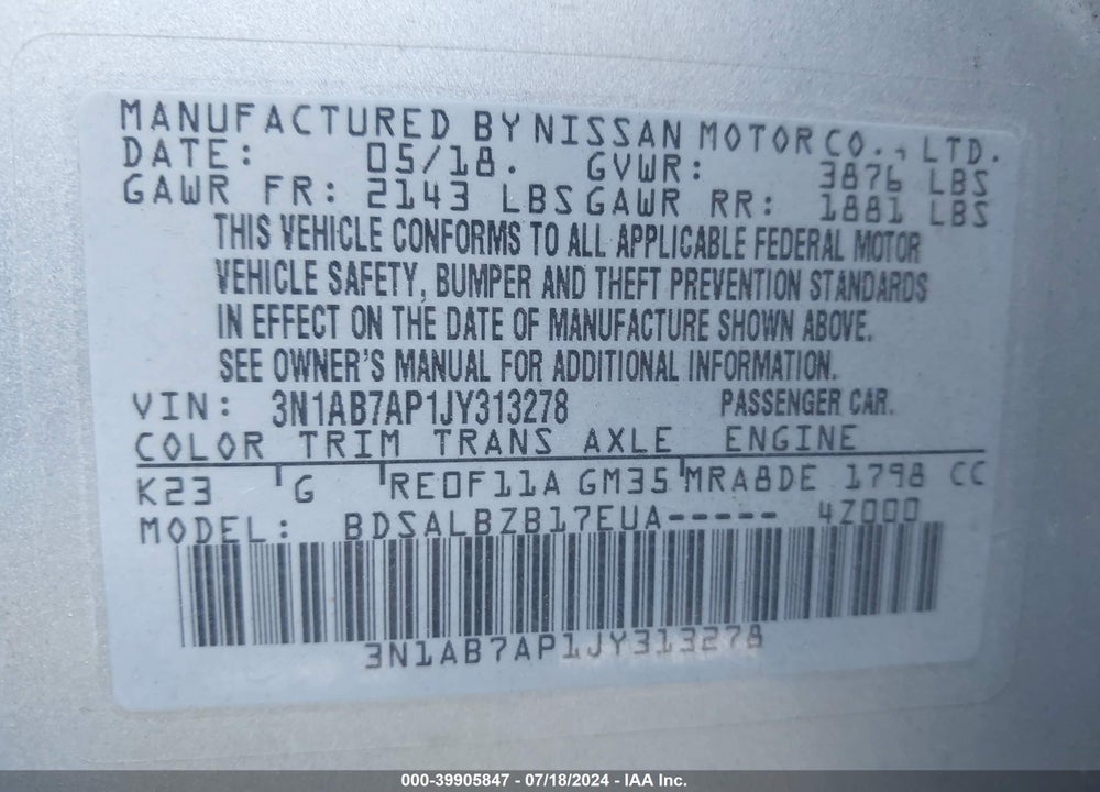 2018 NISSAN SENTRA S VIN: 3N1AB7AP1JY313278