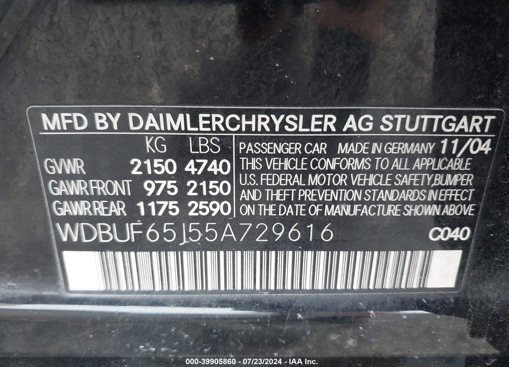 2005 MERCEDES-BENZ E 320 VIN: WDBUF65J55A729616
