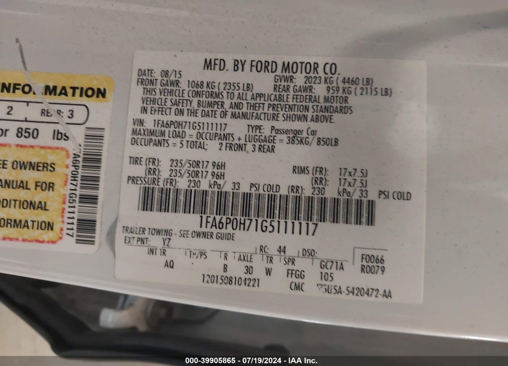 2016 FORD FUSION SE VIN: 1FA6P0H71G5111117