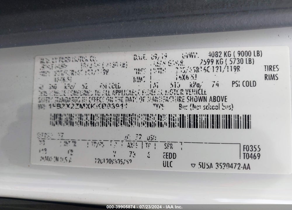 2019 FORD TRANSIT-350 XLT VIN: 1FBZX2ZMXKKB83911