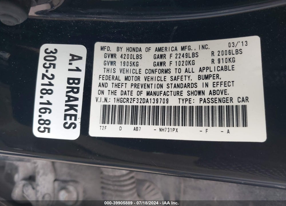 2013 HONDA ACCORD LX VIN: 1HGCR2F32DA139709