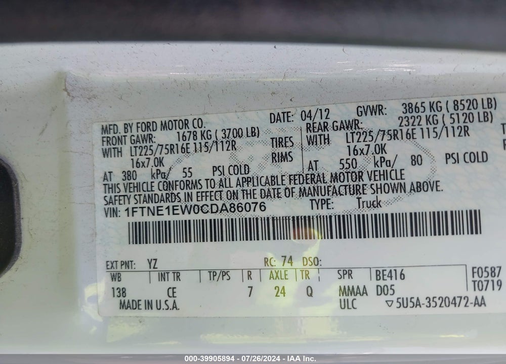 2012 FORD E-150 COMMERCIAL VIN: 1FTNE1EW0CDA86076