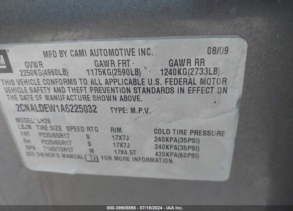 2010 CHEVROLET EQUINOX LT VIN: 2CNALDEW1A6225032