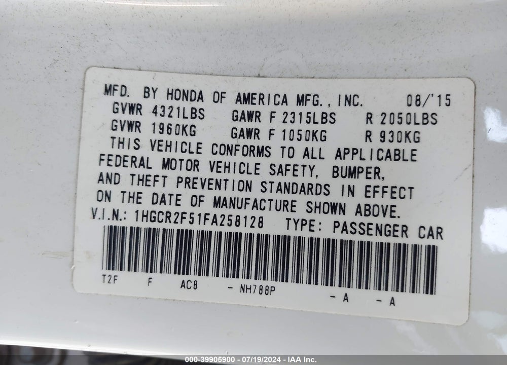 2015 HONDA ACCORD SPORT VIN: 1HGCR2F51FA258128