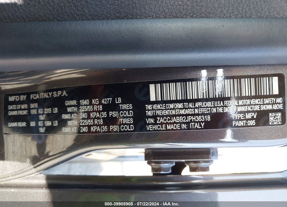 2018 JEEP RENEGADE ALTITUDE FWD VIN: ZACCJABB2JPH36318