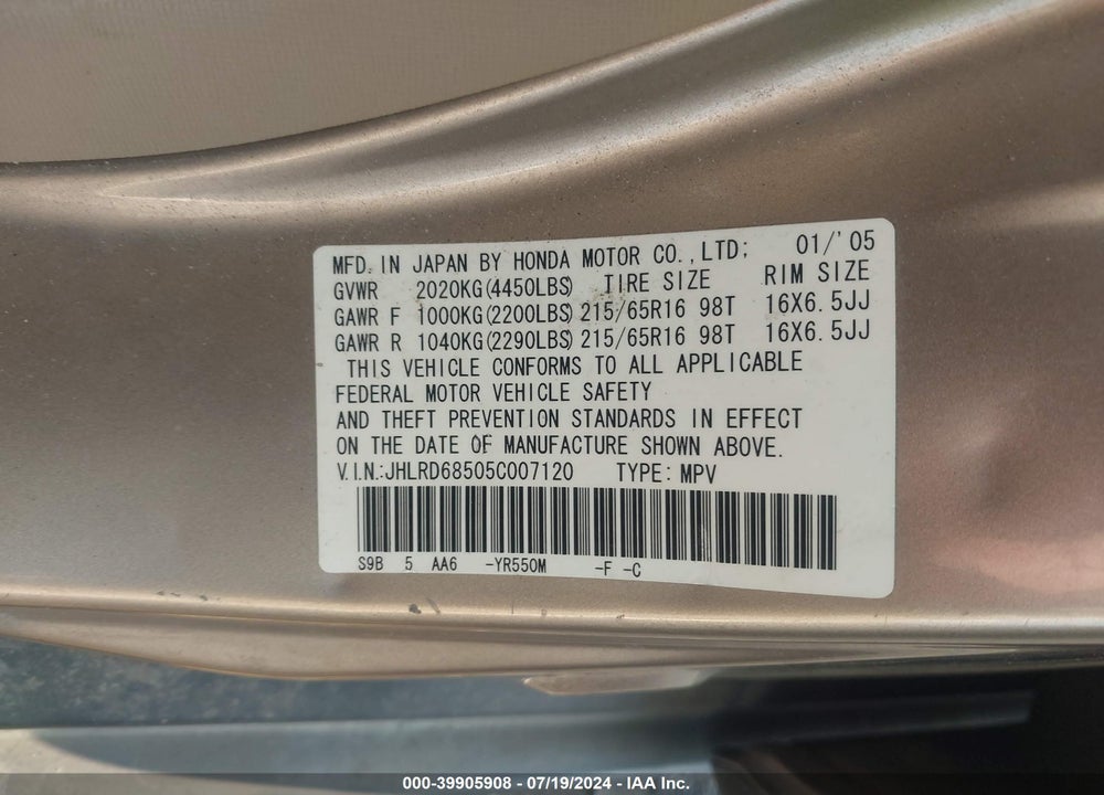 2005 HONDA CR-V LX VIN: JHLRD68505C007120