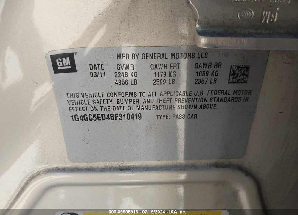 2011 BUICK LACROSSE CXL VIN: 1G4GC5ED4BF310419