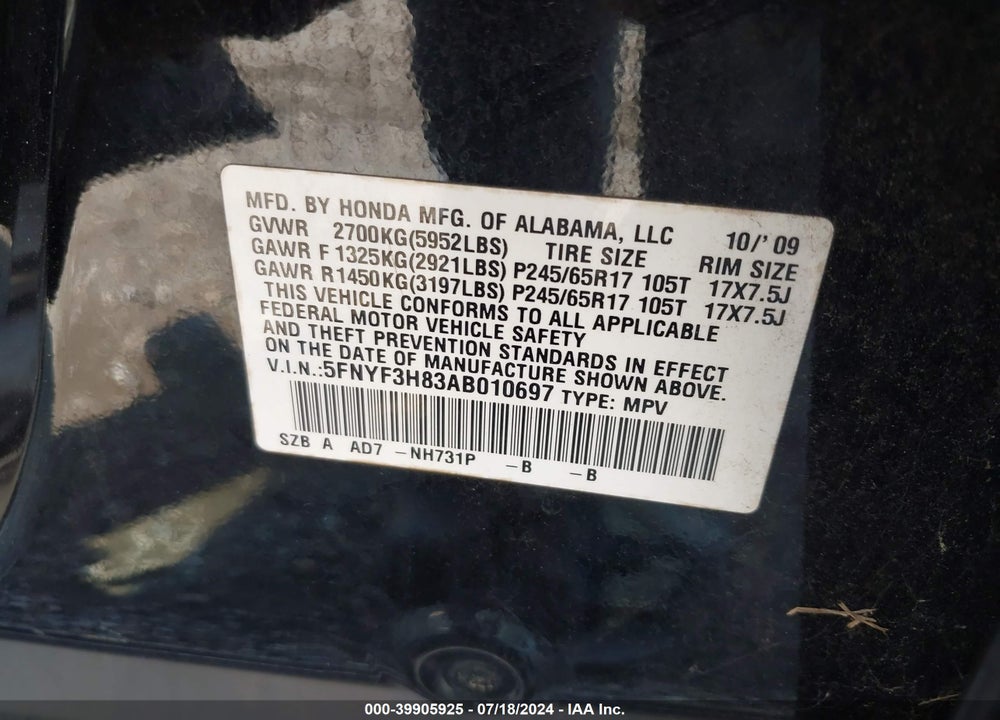 2010 HONDA PILOT TOURING VIN: 5FNYF3H83AB010697